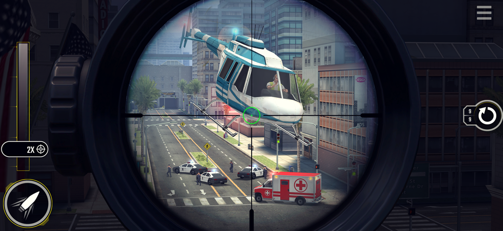 Pure Sniper: Gun Shooter Games - Perspectiva em primeira pessoa através de uma mira de sniper mirando em um helicóptero em uma missão na rua da cidade