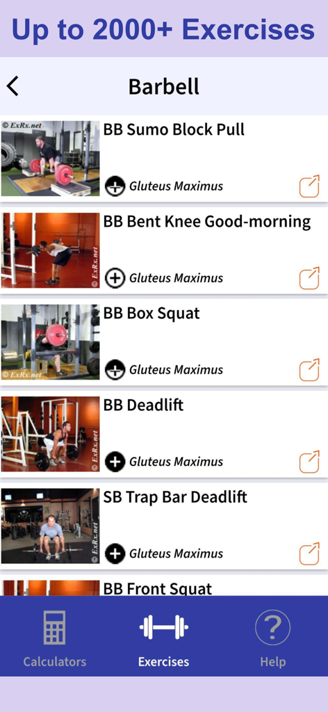 Interface of the ExRx.net app showing a list of barbell exercises with anatomical muscle targeting