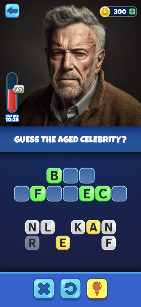 Una captura de pantalla del juego móvil Trivia AI que muestra una imagen generada por IA de una celebridad envejecida para un puzzle de palabras.