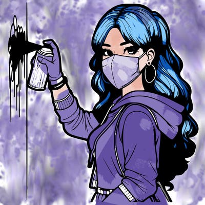 realistic girl with mask spray painting a wall