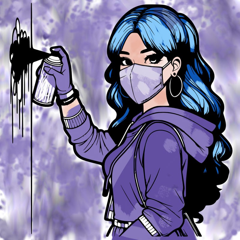 realistic girl with mask spray painting a wall