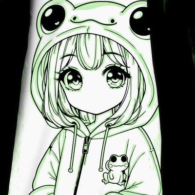 cute realistic girl in a froggy hoodie