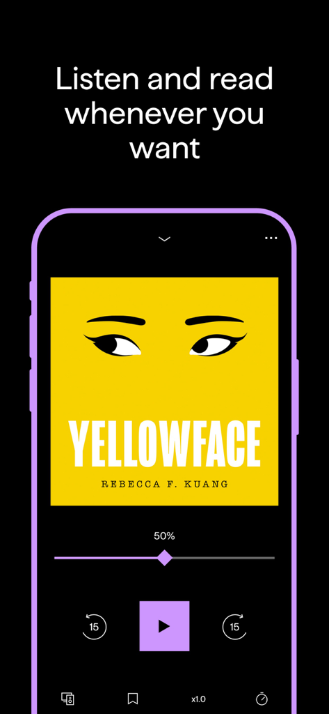 BookBeat: Audiobooks & E-books - スマートフォン上のBookBeatオーディオブックプレイヤーのインターフェース。レベッカ・F・クアンの書籍「Yellowface」がダークモードで表示されている。