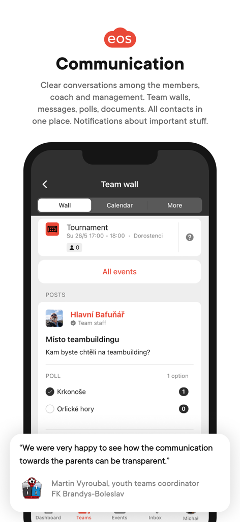 EOS for clubs and communities - Interface of the EOS for clubs and communities app showing the team wall with tournament details, polls, and communication features for sports clubs.