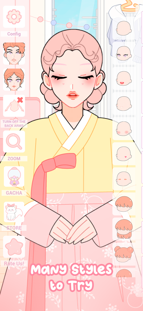 Shining Star : Idol Dress Up - Shining Star Idol Dress Upのカスタマイズ画面。ピンク色の髪をしたアニメの女の子キャラクターと、伝統的な黄色とピンクのドレス、スタイリングオプションに囲まれています。