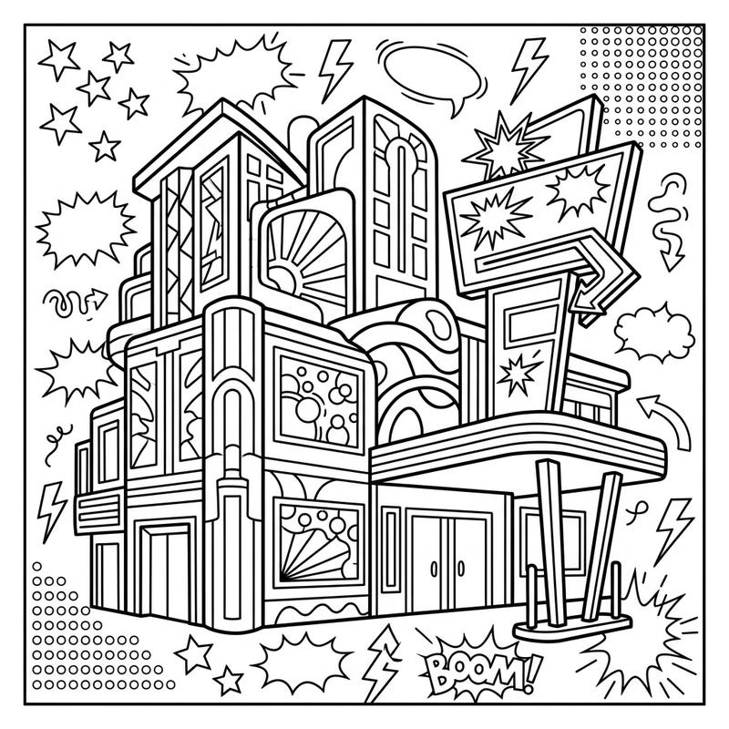 Unleash your creativity with this electrifying Pop Art Architecture coloring page! Explore a dynamic urban scene bursting with comic-book energy and iconic design elements, ready for your unique color palette.