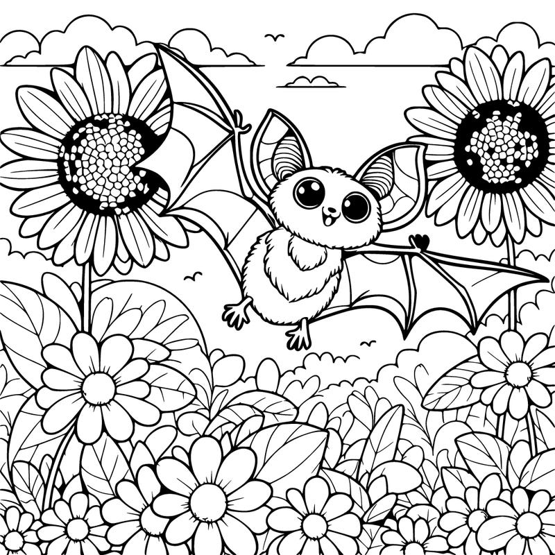 a bat flying through a field of giant flowers