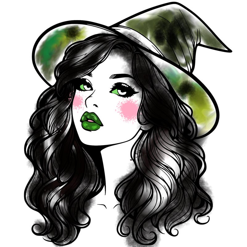 realistic witch girl with wavy hair and lips