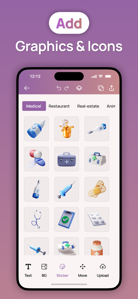 Brochure Maker : Catalog Maker - A mobile app interface showing a library of 3D medical graphics and icons for professional brochure design