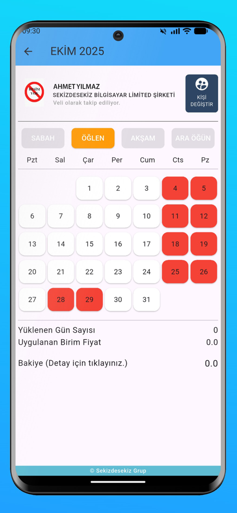 School security app interface showing a monthly attendance and meal tracking calendar for students