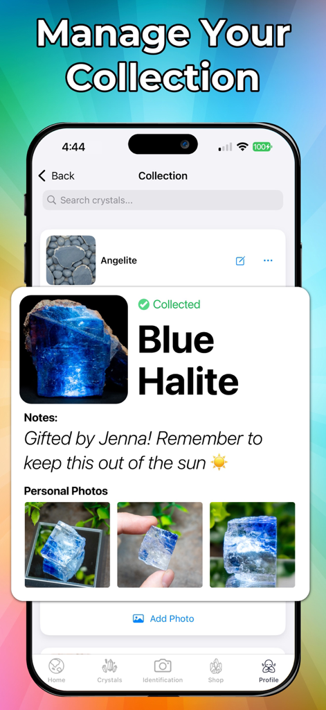 Rock & Crystal Identifier - A screenshot of the Rock and Crystal Identifier app showing a personal collection entry for Blue Halite with notes and photos.