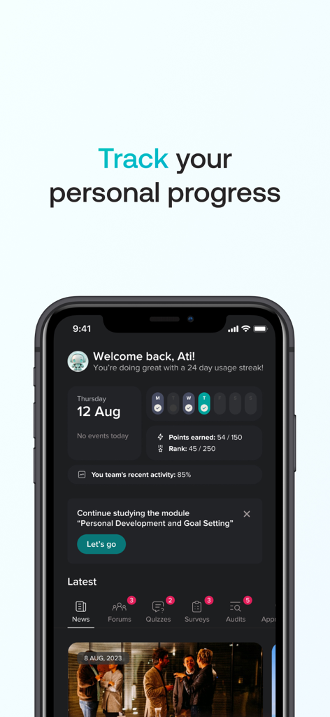 Atiom-App-Dashboard zeigt den persönlichen Fortschritt mit gesammelten Punkten, Ranking und Nutzungs-Streaks.