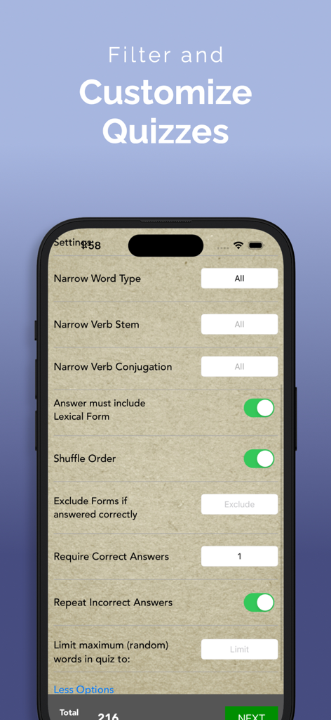ParseHebrew - Hebrew Quizzing - ParseHebrew app screen showing options to filter and customize biblical Hebrew quizzes