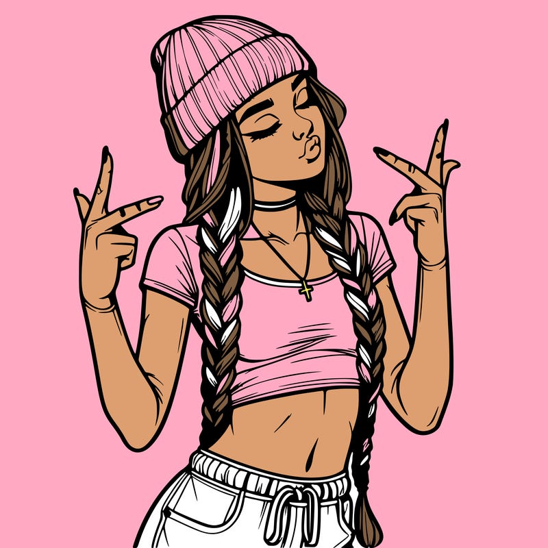 realistic teenage girl with braids and a beanie and crop top doing 🫶🏼