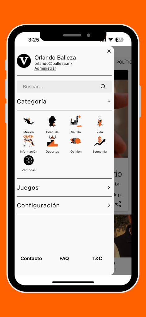 Menú de navegación de la aplicación de noticias Vanguardia que muestra categorías de noticias locales para Saltillo y Coahuila.