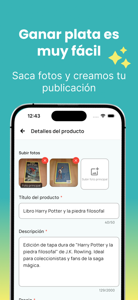 Pulga: compra y vende usados - Mobile screen showing the Pulga app interface for creating a product listing with photos and descriptions