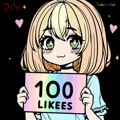 anima girl holding a 100 likes sign in her hand