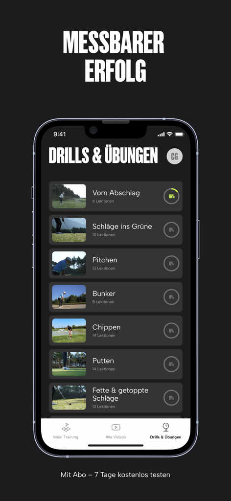 Raggl Golf Training - Mobile app interface showing golf drills categories and progress tracking for performance improvement
