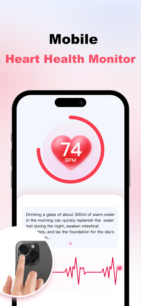 Wellpulse app on iPhone showing a heart rate measurement of 74 BPM and fingertip PPG scanning