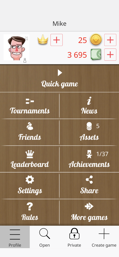 Main menu screen of Checkers Online Game app showing user profile stats and game mode buttons