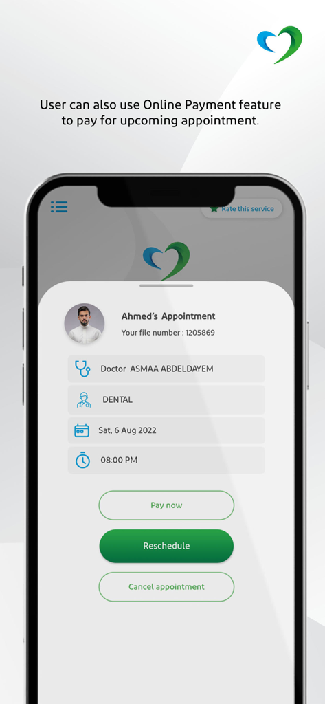 Saudi German Health app interface showing dental appointment details with online payment and rescheduling options.