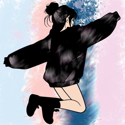 realistic girl jumping with a bun and oversized sweatshirt