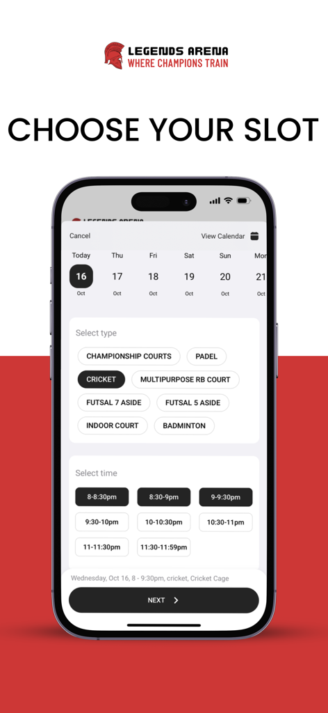 Legends Arena PK - Mobile interface of the Legends Arena PK app showing the sport type and time slot selection screen for court bookings