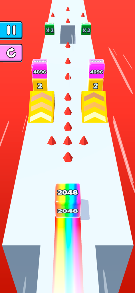 Jelly Run 2048: Number Games - Cubo arcobaleno con il numero 2048 che corre su una pista bianca con ostacoli e blocchi numerati