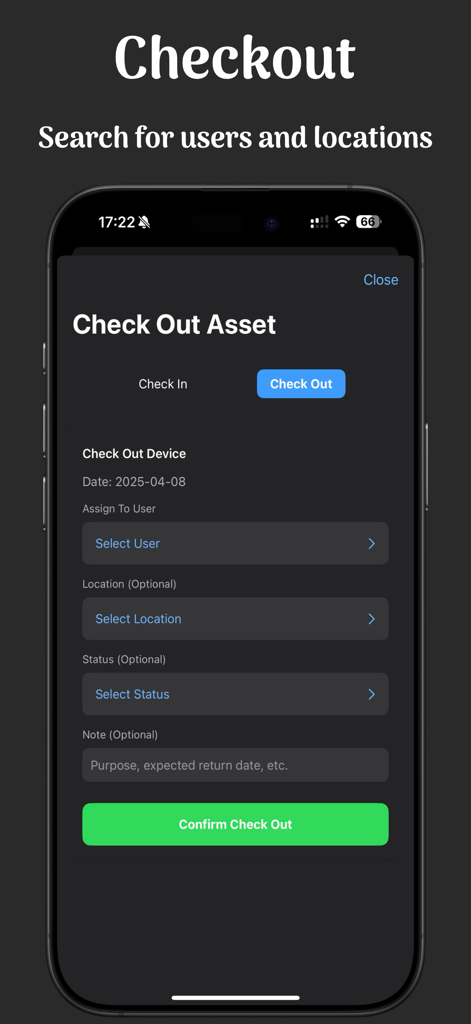Snipe-Scan - Mobile screen of Snipe-Scan app showing the asset checkout process with user and location selection