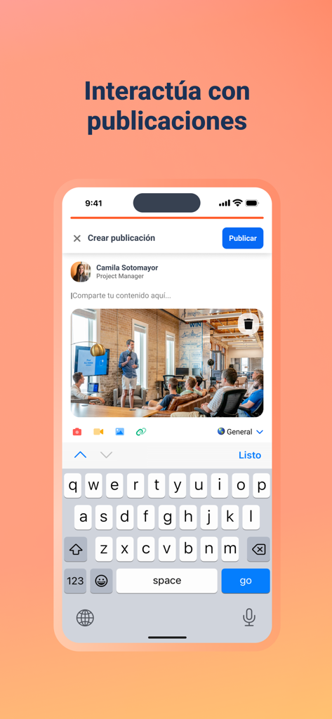 Interfaz de la aplicación móvil Rankmi para crear y compartir publicaciones internas de la empresa con fotos.