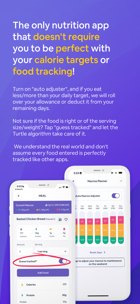 Turtle: All-in-One Health - Screenshot of the Turtle app showing its flexible food tracking and automated macros adjustment features for a sustainable lifestyle.