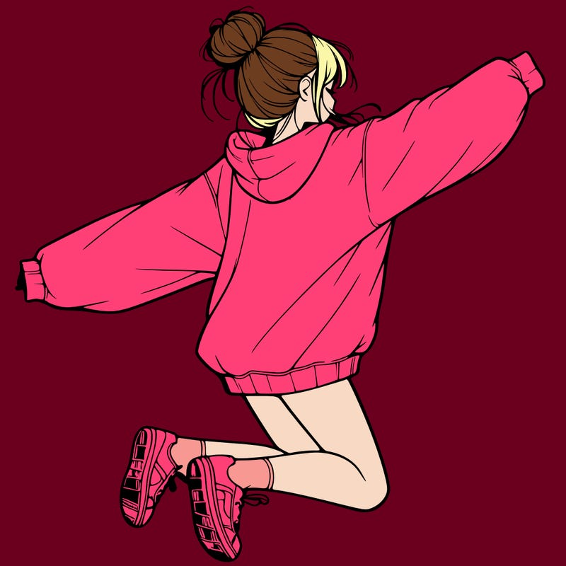 realistic girl jumping with a bun and oversized sweatshirt