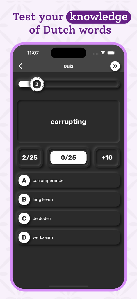 Dutch | Dutch Dictionary - Interface of the Dutch dictionary app showing a multiple choice vocabulary quiz with a timer and score tracking.