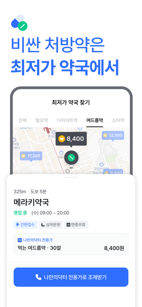 Apothekenpreisvergleichskarte in der My Own Doctor App, die die Kosten von verschreibungspflichtigen Medikamenten an verschiedenen Standorten anzeigt