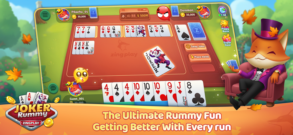 Joker Rummy ZingPlay - Gameplay screenshot of Joker Rummy ZingPlay showing card melds and a stylish fox mascot