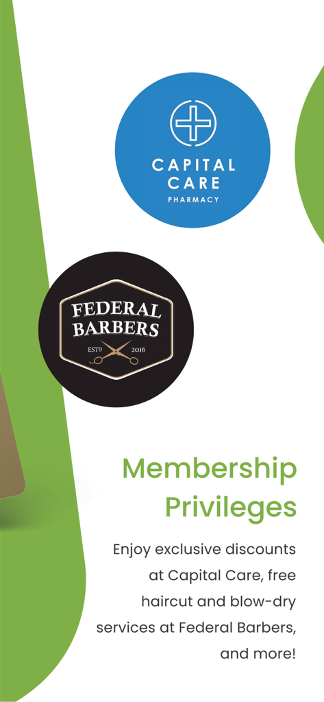 Landers Superstore app screen showing membership benefits including pharmacy discounts and free haircuts.