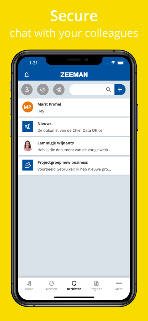 WeAreZeeman - A smartphone showing the secure chat interface of the WeAreZeeman app with a list of messages from colleagues and company news.