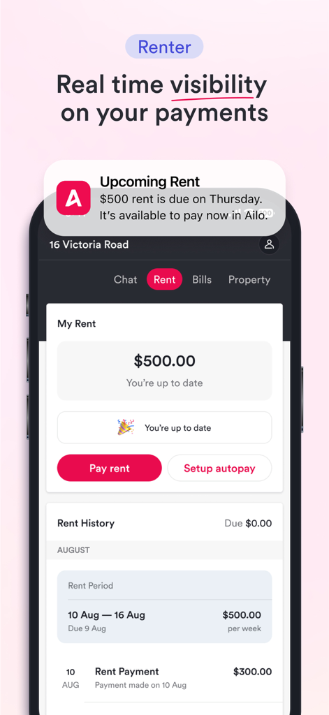 Ailo - Ailo mobile app interface for renters showing real-time rent payment status history and payment options