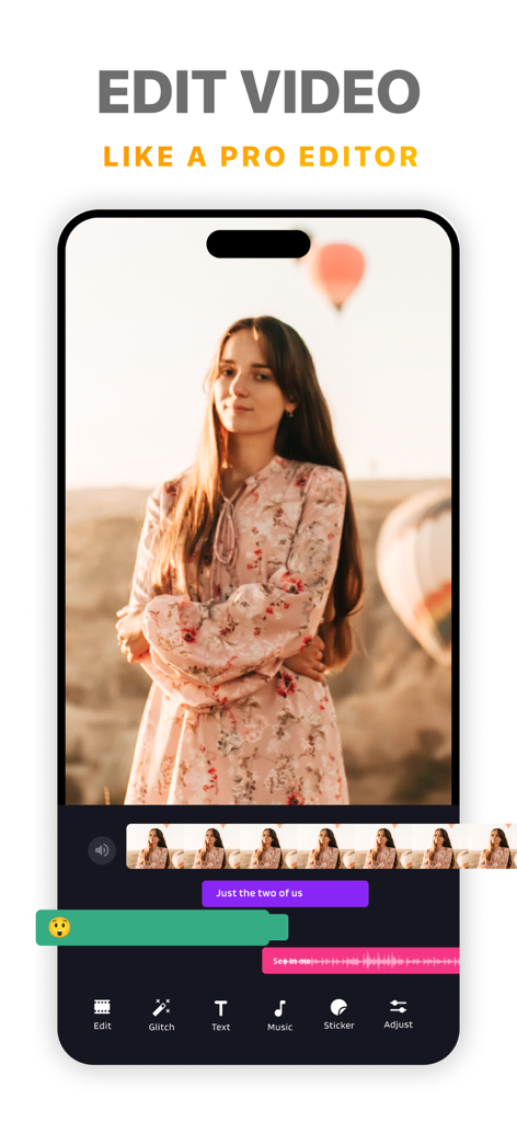 Mobile interface of SlideShow Maker showing video editing with music and text effects