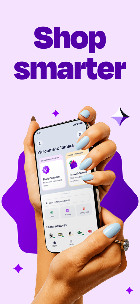 A hand holding a smartphone showing the Tamara app home screen with the text Shop smarter