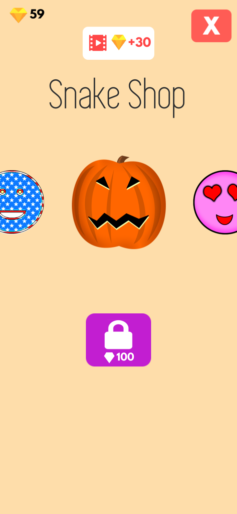 The Snake Shop screen in Eat Snakes Crazy Worm Arena featuring different skins like a pumpkin and an American flag emoji.