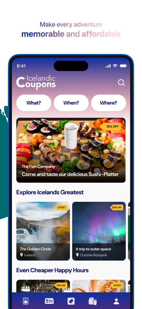 Icelandic Coupons app home screen showing restaurant and tour discounts