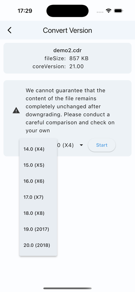 CorelDraw version conversion screen showing a dropdown list of legacy versions from X4 to 2018 for file downgrading