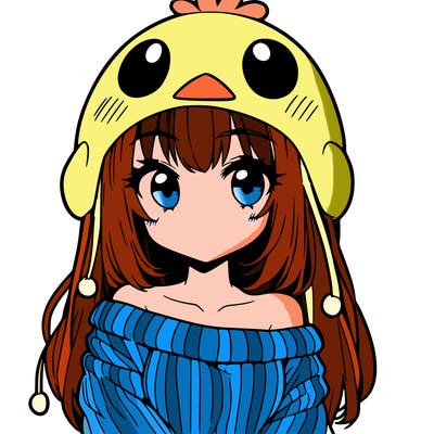 anime girl with chick shaped hat with sweater with bare shoulders with bangs covering them one eye with low tail