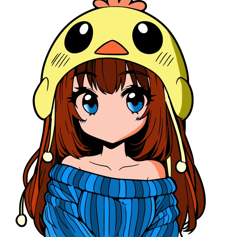 anime girl with chick shaped hat with sweater with bare shoulders with bangs covering them one eye with low tail