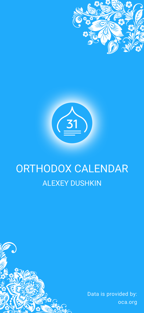 Pantalla de introducción de la aplicación móvil Calendario Ortodoxo con fondo azul y patrones florales blancos en las esquinas