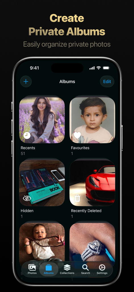 Trustful – Secret Photo Vault - Trustfulアプリのアルバム画面。最近、お気に入り、非表示、最近削除した写真のカテゴリが表示されています。