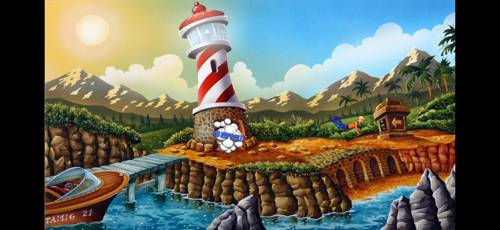 Polda 6 - Point and click adventure scene with a character leaping near an exploding lighthouse in Polda 6.