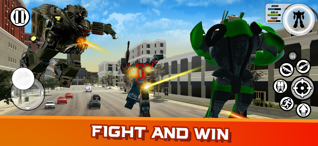 MegaBot - Robot Car Transform - Giant robots engaging in combat on a city street in MegaBot Robot Car Transform game