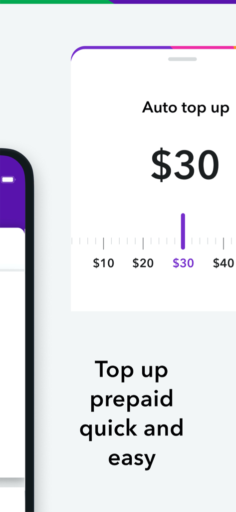 Mobile app screen showing a thirty dollar auto top up selection slider for Spark NZ prepaid services.